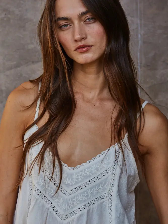 Spaghetti Strap Lace Trim Top - Cream