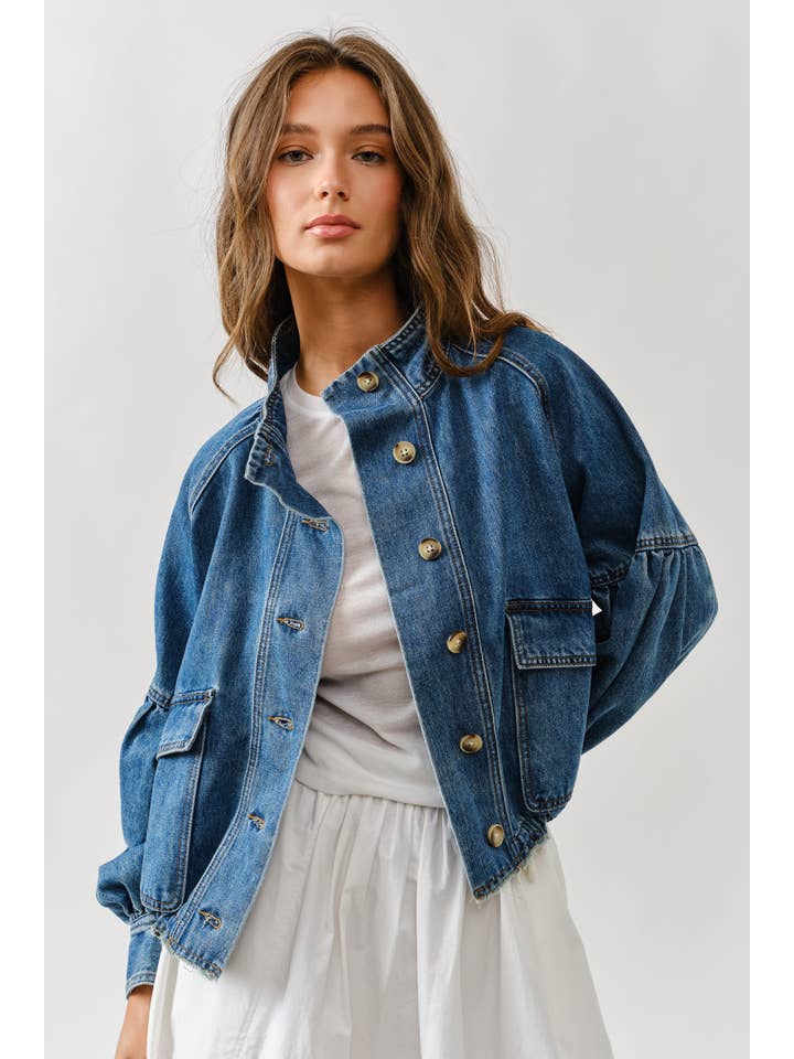 Balloon Sleeve Twill Jacket - Denim