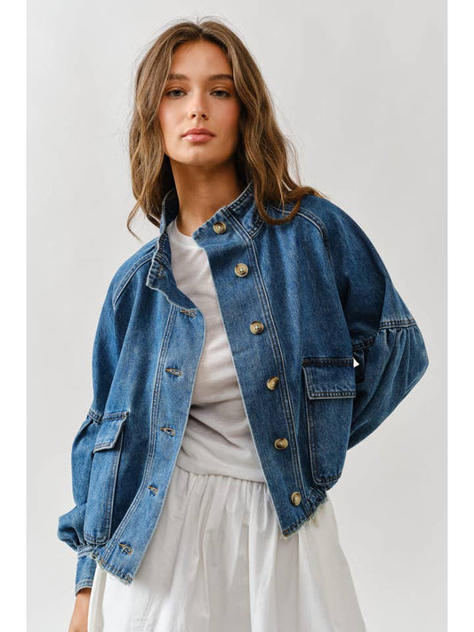 Balloon Sleeve Twill Jacket - Denim