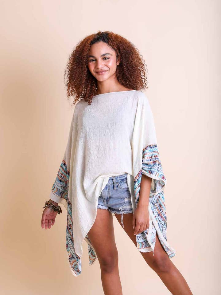 Geometric Embroidered Sleeve Kimono - Ivory