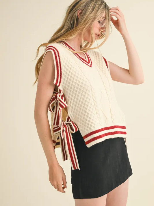 V-Neck Side Tie Sweater Vest - Ivory Brick
