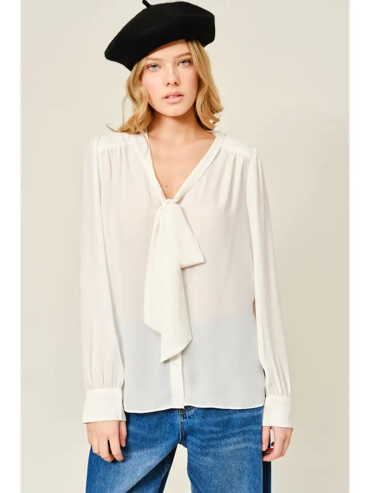 Ribbon Shirring Blouse - Cream