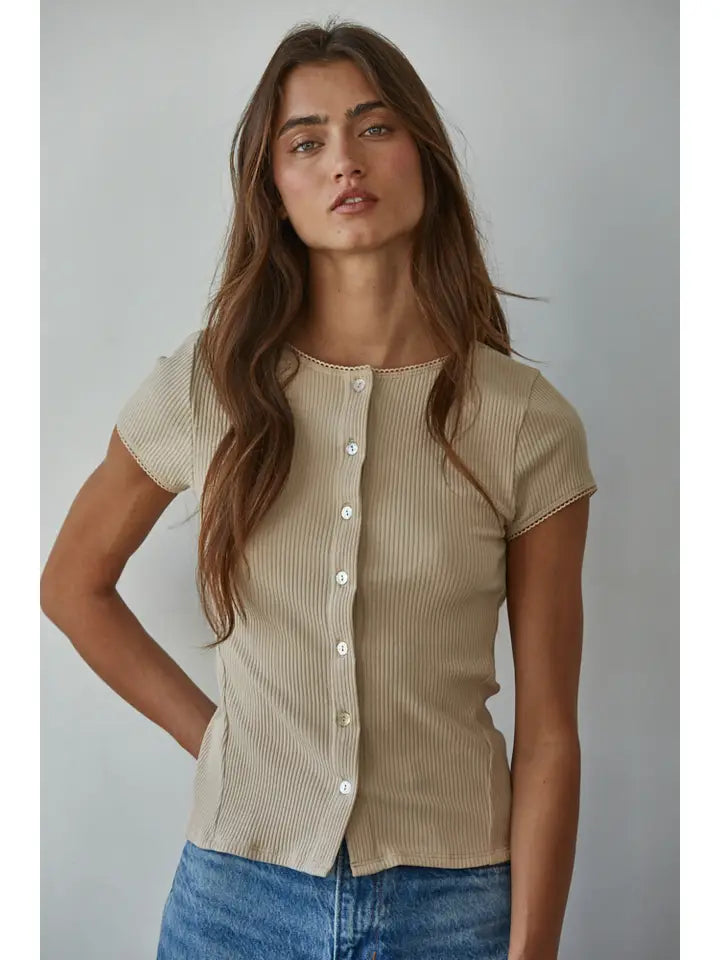 Ribbed Cardigan Top - Beige