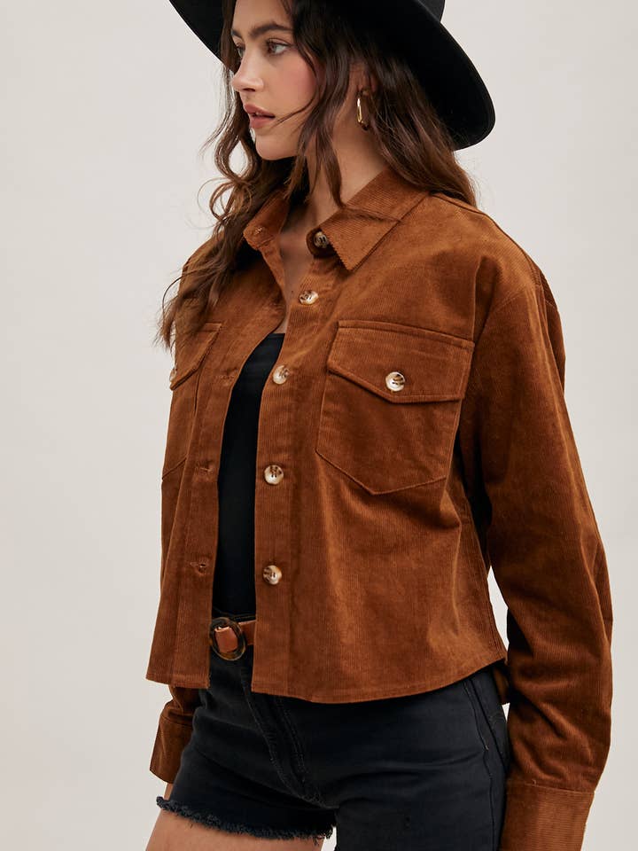 Courduroy Cropped Shirt Jacket - Camel