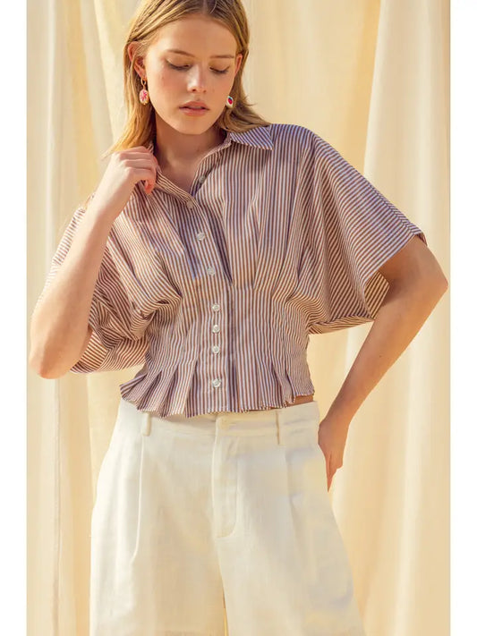 Pleated Waist Button Down - Brown