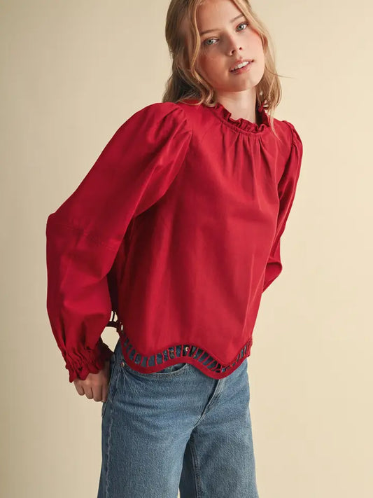 Embroidered Cut-Out Hem Long Sleeve Top - Deep Cranberry
