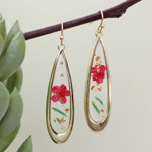 Dried Floral Earrings - Gold Red Teardrop