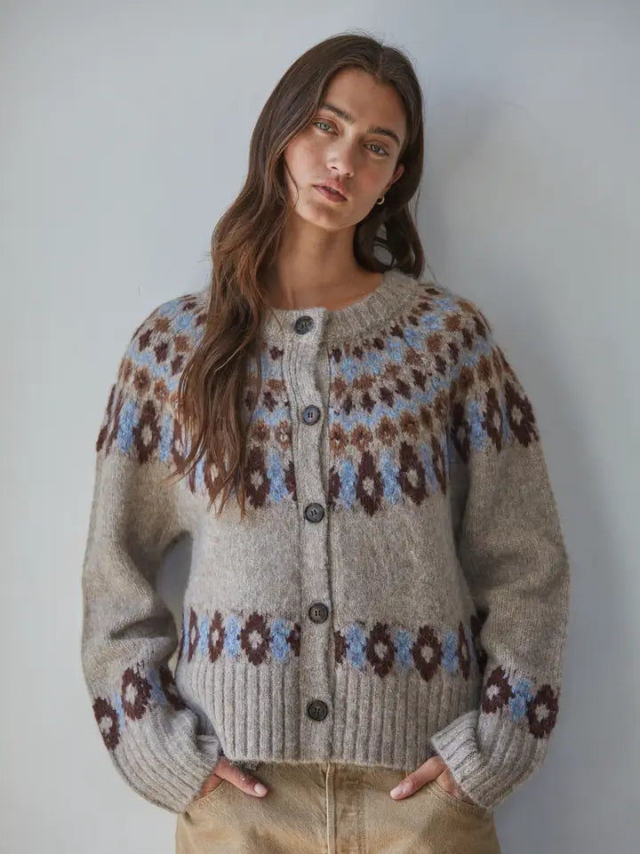 Knit Fair Isle Long Sleeve Cardigan - Mocha Blue