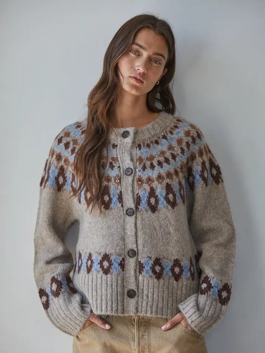 Knit Fair Isle Long Sleeve Cardigan - Mocha Blue
