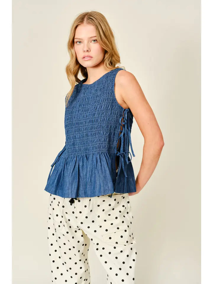 Denim Smocked Tie Top - Denim