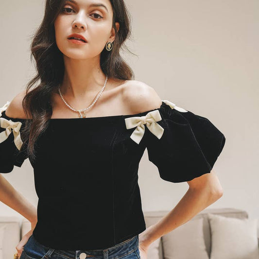 Bow-Tie Velvet Top - Black