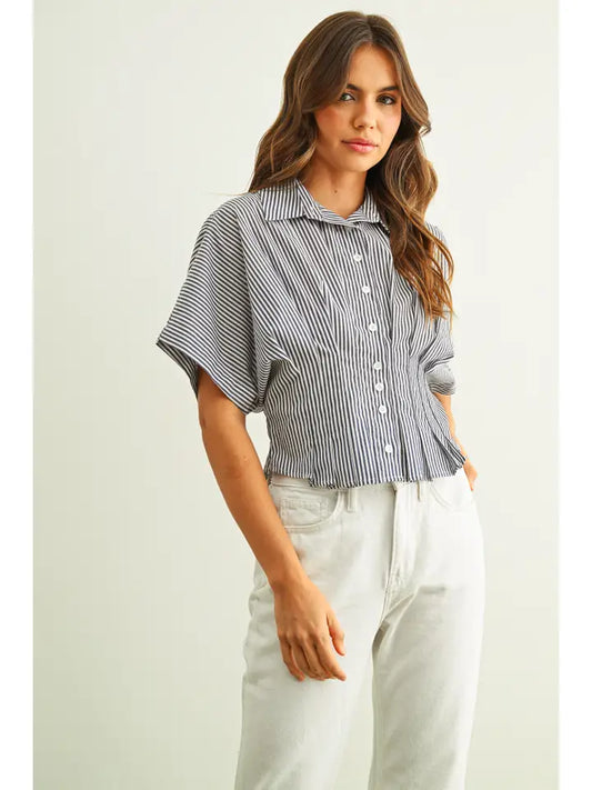 Pleated Waist Button Down - Navy