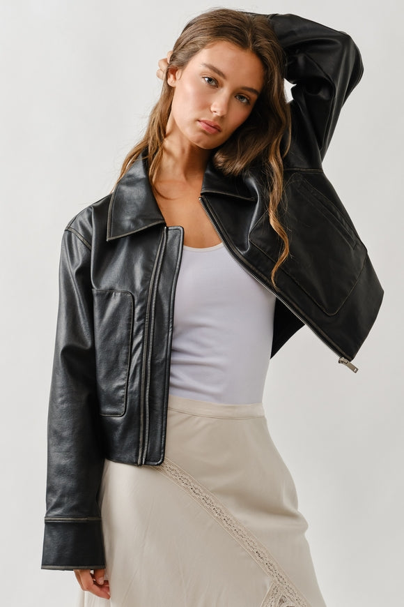 Vintage Washed Leather Jacket - Black