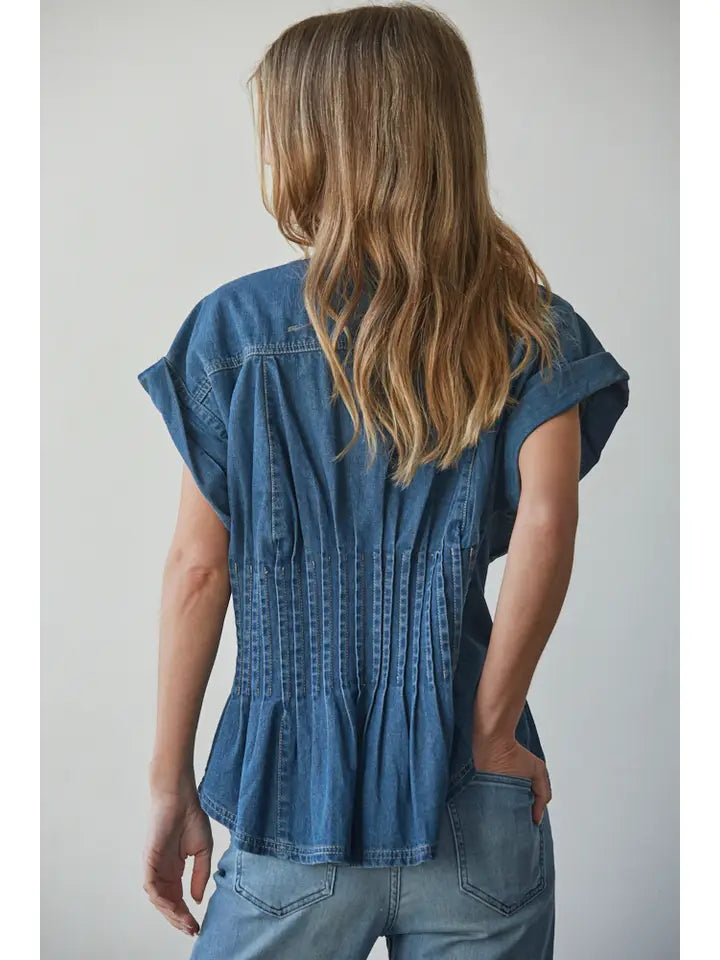 Pleated Button Down Top - Dark Denim