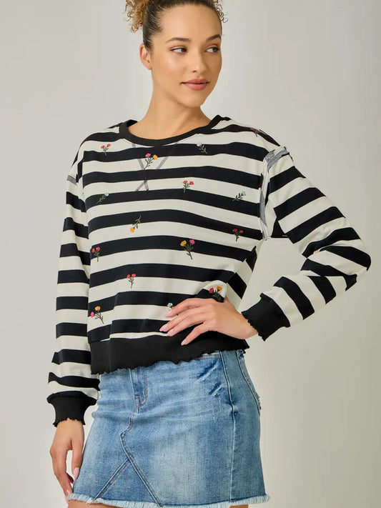 Embroidered Stripe Sweatshirt - Black/Ivory