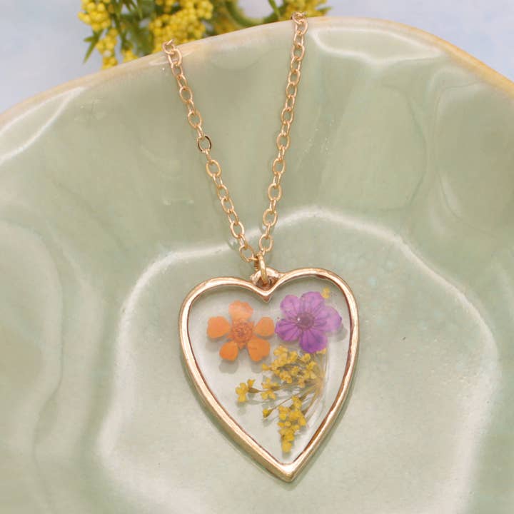 Dried Floral Necklace - Purple Orange Heart