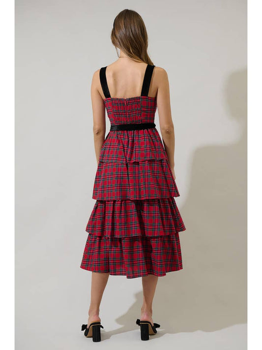Arvada Plaid Tiered Midi Dress - Red Multi