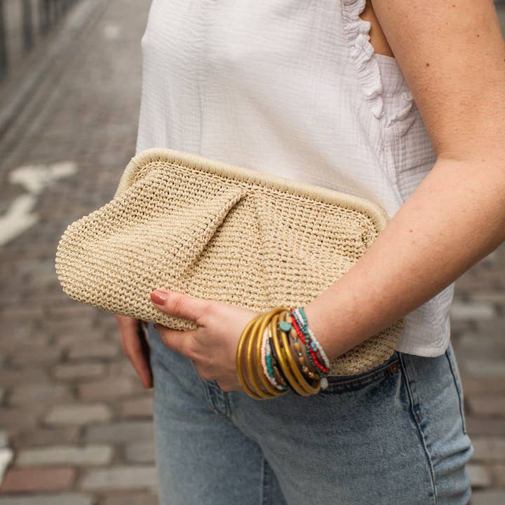 Large Raffia Clutch - Beige