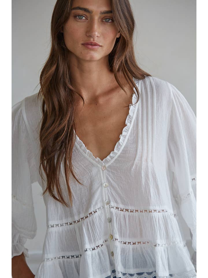 Woven Quarter Sleeve Top - White