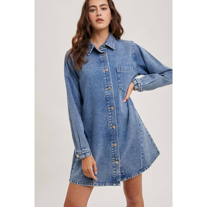 Denim Button Down Shirt Dress - Washed Blue