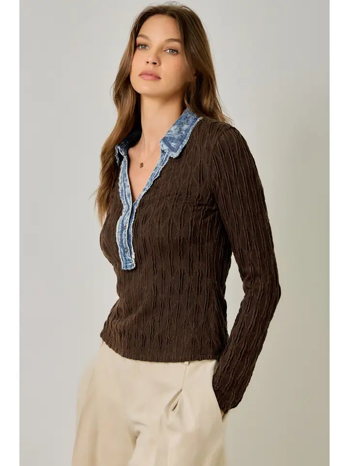 Denim Mix Henley Top - Choco Brown
