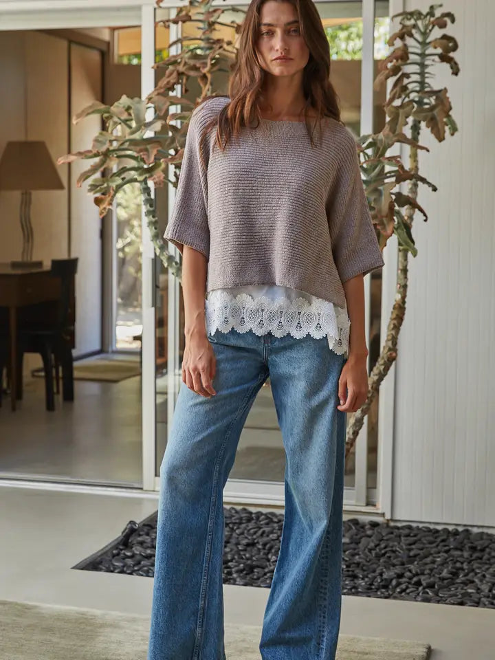Short Sleeve Pullover Twofer Top - Mocha White