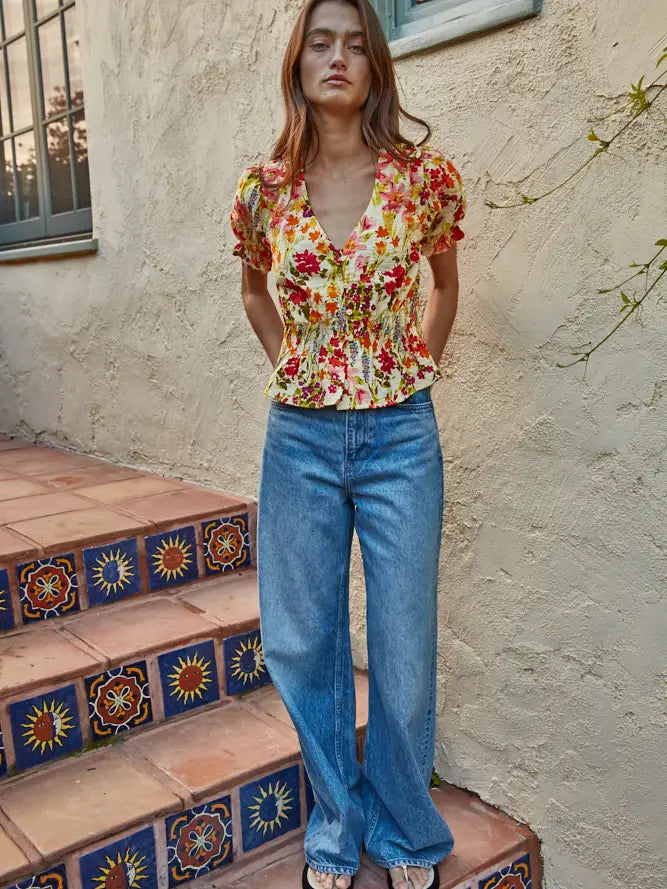 Floral Puff Sleeve Top - Yellow Multi