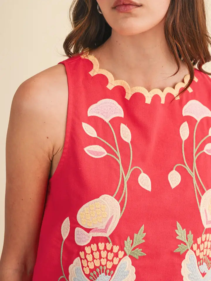 Floral Embroidery Scalloped Tank - Coral Red