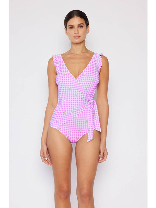 Ruffle Wrap Tie Swimsuit - Gingham Daisy Berry