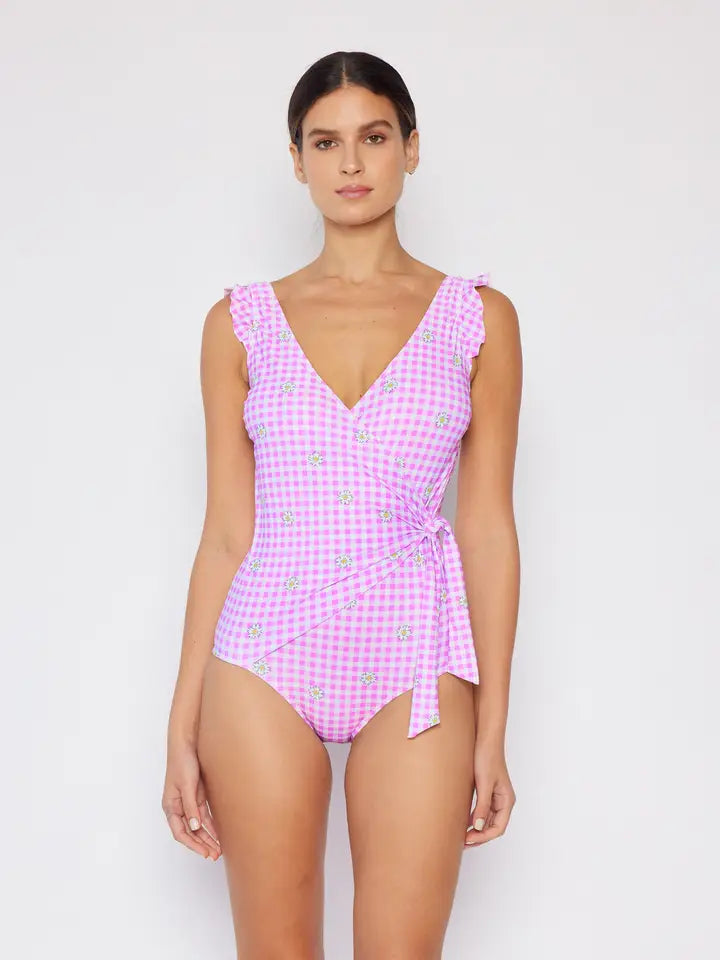 Ruffle Wrap Tie Swimsuit - Berry