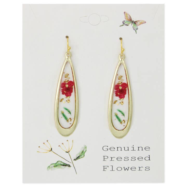 Dried Floral Earrings - Gold Red Teardrop