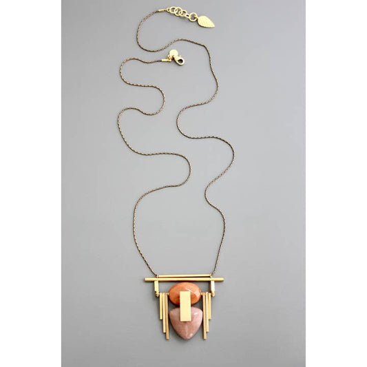 Geometric Brass and Jade Pendant Necklace