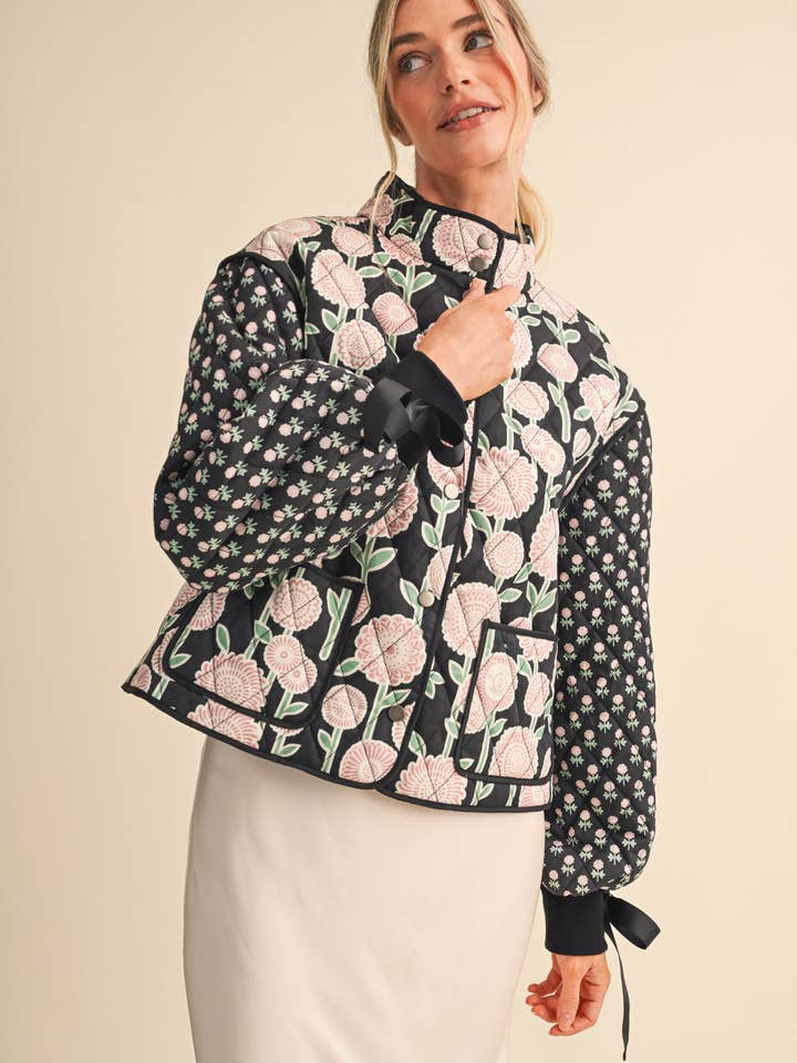 Quilted Floral Jacket with Ribbon Detail - Black Multi