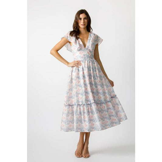 Ruffle Sleeve Midi Dress - White Multi