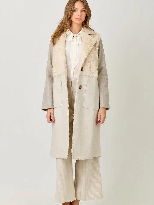 Color Blocked Long Coat - Oatmeal Mix