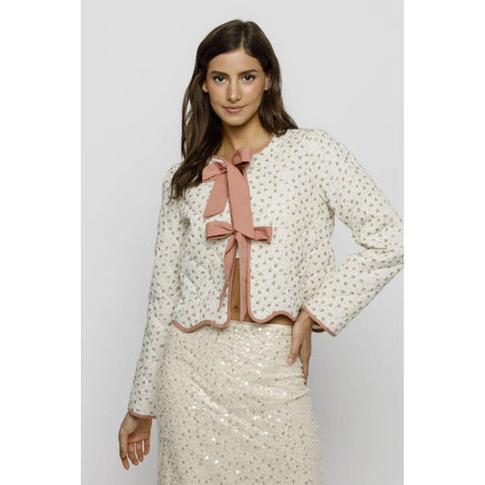 Floral Quilted Bow Jacket - Cream Pink Floral