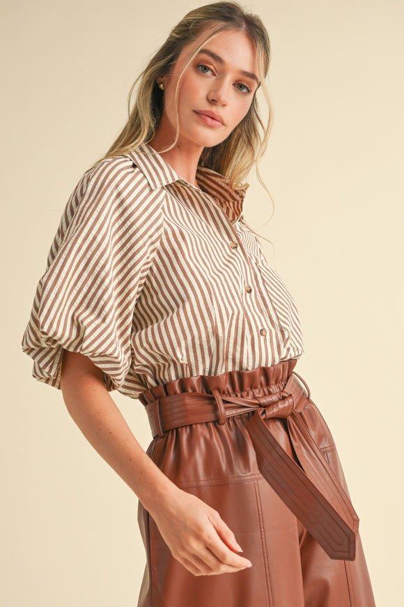 Striped Bubble Sleeve Button Down - Pecan