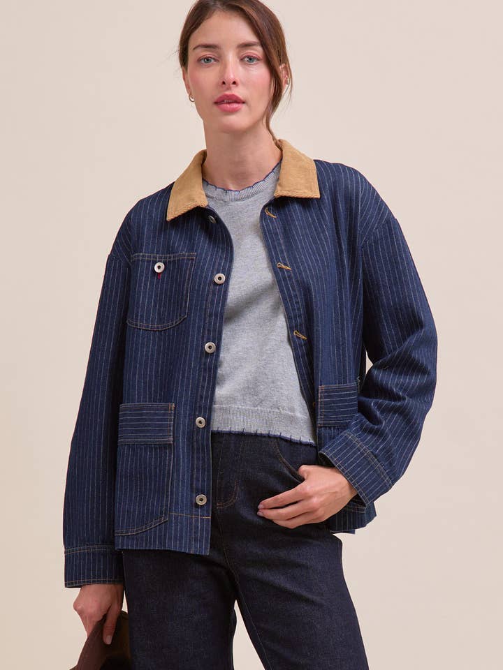 Oversized Pinstripe Denim Jacket - Indigo