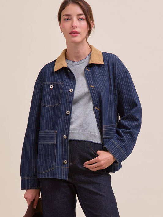 Oversized Pinstripe Denim Jacket - Indigo