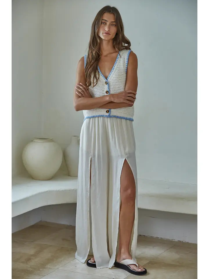 Contrast Trim Sweater Vest - Cream Blue