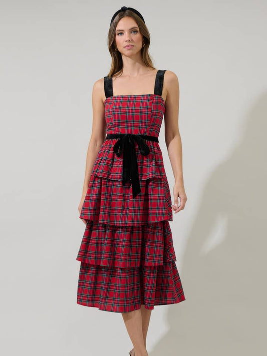 Arvada Plaid Tiered Midi Dress - Red Multi