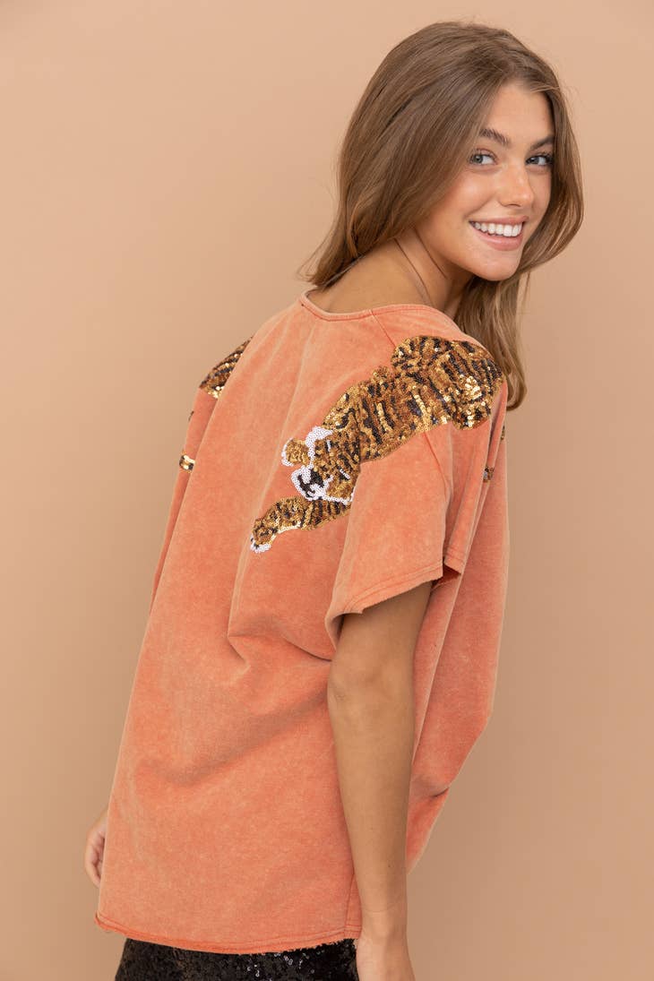 Tiger Sequin Patch T Shirt - Rust