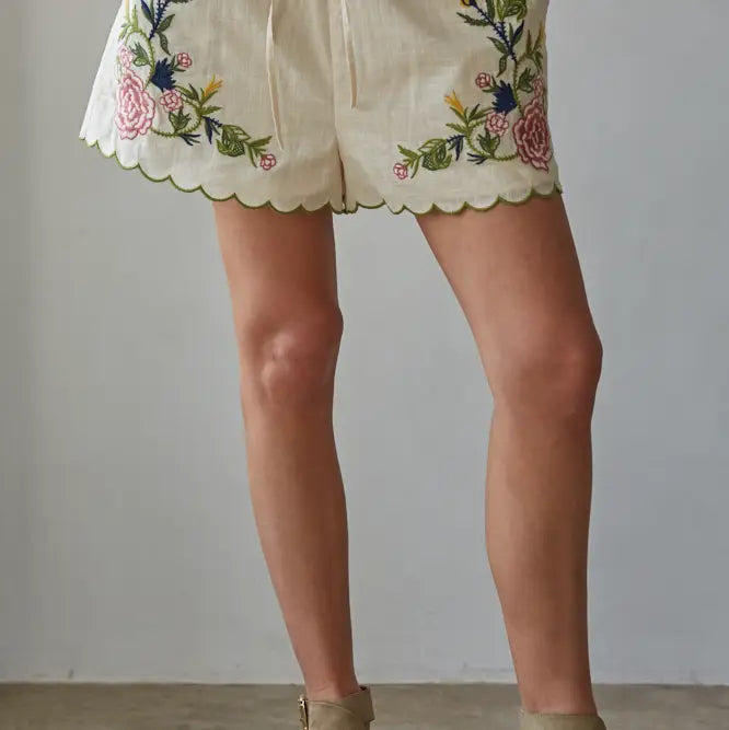 Embroidered Sleeveless Shorts - Natural