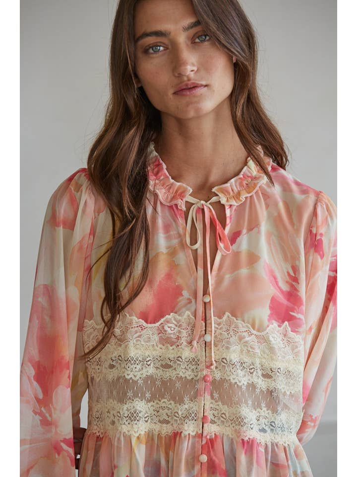 Lace Detail Blouse - Coral Multi