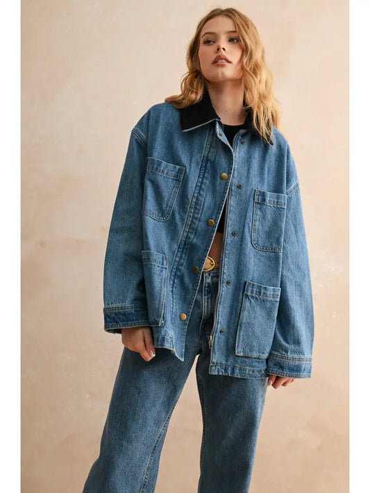 Corduroy Collar Utility Jacket - Denim