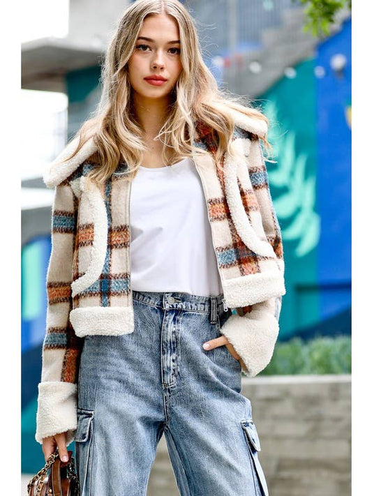 Plaid Cropped Jacket - Cream/Rust