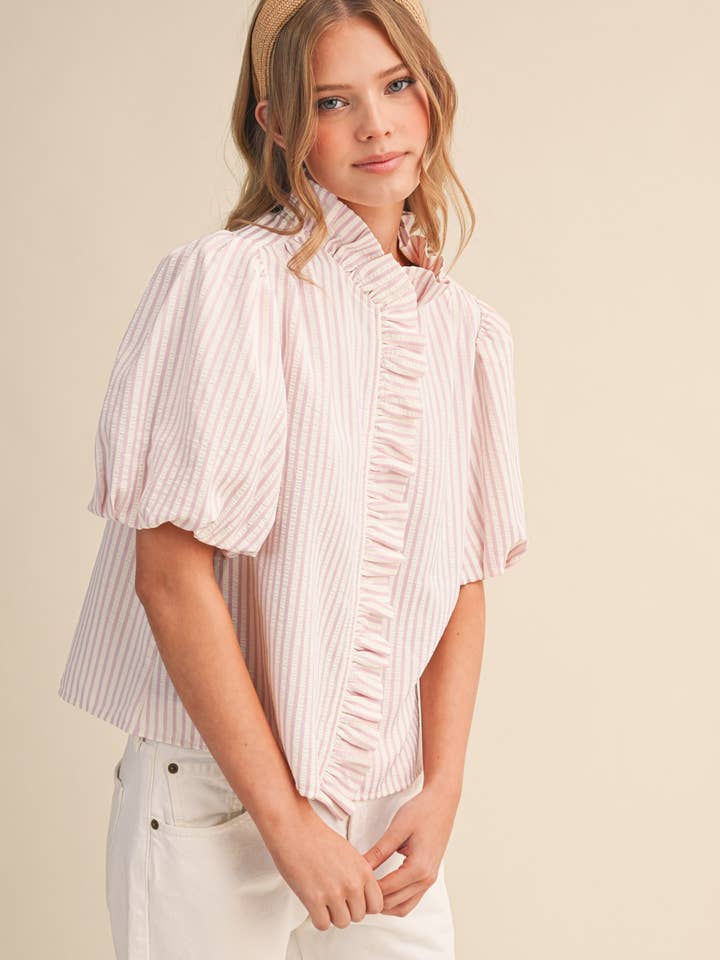 Striped Ruffle Button Down - Sweet Pink
