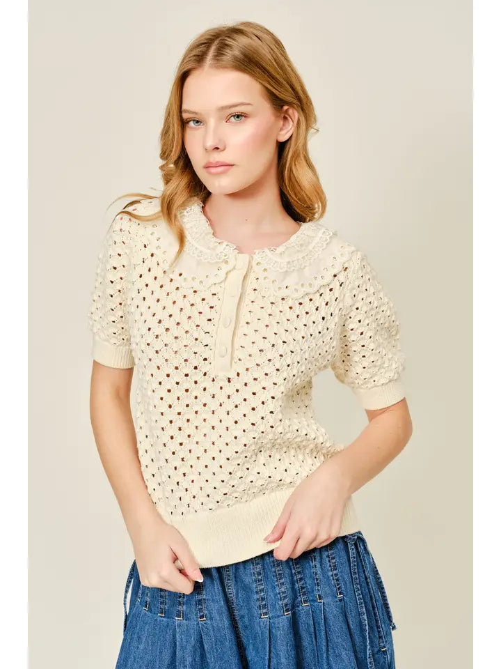 Lace Collar Crochet Top - Natural