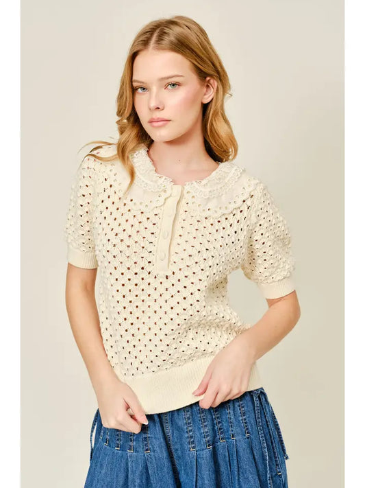 Lace Collar Crochet Top - Natural