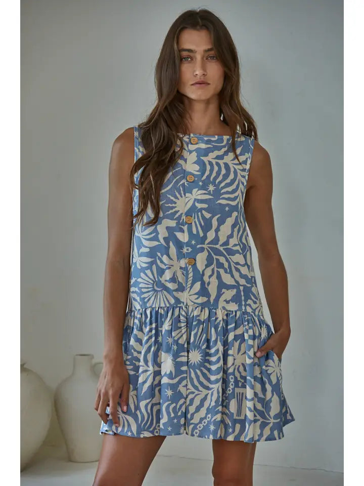 Resort Mini Dress - Blue Cream